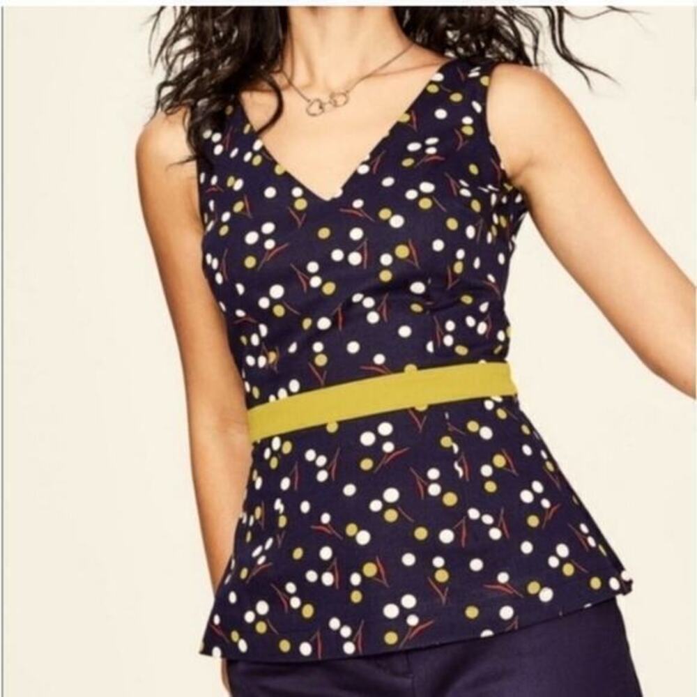 Boden Sinead Navy Polka Dot V-neck Peplum Sleeveless Top Zip Back Lined size 10